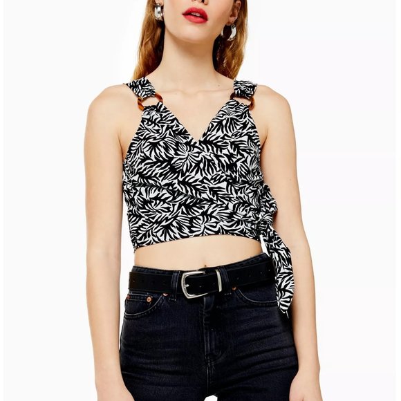 TOPSHOP Matisse Tropical Print Linen Wrap Crop Top, 6 NWT - Picture 1 of 7